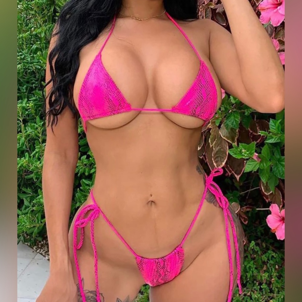 Fashion Nova Hot Pink Neon Snake Time For A Vacay Teeny Bikini - Large